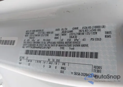 2024 Ford F-250 Xlt из США, поврежденный, VIN 1FT7X2BN4REC81797